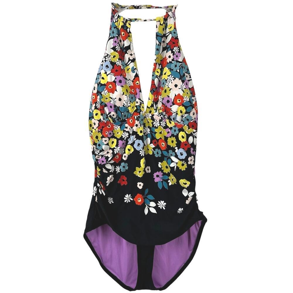Anne Cole Floral Halter One Piece Swimsuit Keyhole Back Beach Women Size 8